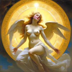 abstract ai_generated angel angel_wings belly blonde_hair blue_eyes breasts clouds curly_hair curvy female halo lips long_hair medium_breasts navel nipples nude presenting realistic sky smile solo sun william_bouguereau wings