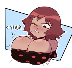 1girls bare_shoulders beepsour big_breasts black_eyes blush breast_expansion breasts brown_hair clothed female freckles freckles_on_breasts freckles_on_face freckles_on_shoulders huge_breasts kim_pine one_eye_closed scott_pilgrim short_hair solo solo_female sweatdrop