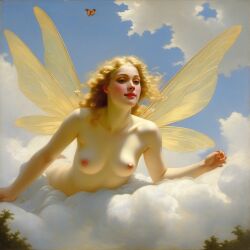 abstract ai_generated belly blonde_hair blue_eyes breasts clouds curly_hair curvy fairy fairy_wings female halo lips long_hair medium_breasts navel nipples nude presenting realistic sky smile solo william_bouguereau wings