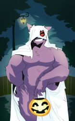 bara chest chest_tuft costume gengar ghost halloween hiding hiding_penis kokuhane kokuhane_(character) kokukokuboo looking_at_viewer male male_focus man_boobs muscular muscular_arms muscular_chest muscular_male night pecs pokemon red_eyes sheet_ghost sheets slightly_chubby smile smiling teasing teasing_viewer thick thick_thighs trick_or_treat