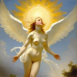 abstract ai_generated angel angel_wings belly blonde_hair blue_eyes breasts clouds curly_hair curvy female halo lips long_hair medium_breasts navel nipples nude presenting realistic sky smile solo sun william_bouguereau wings