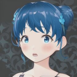 ai_generated blue_eyes blue_hair day_when_world_become_free embarrassed embarrassed_female hami looking_at_viewer open_mouth shocked underwear