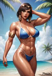 1girls abs ai_generated arm_up armlet bare_shoulders beach bikini black_hair blue_bikini blue_sky braid breasts brown_eyes cleavage cloud collarbone cowboy_shot dark-skinned_female dark_skin day eye_of_horus eyewear_on_head facial_mark facial_tattoo hair_tubes large_breasts lips looking_at_viewer makeup muscular muscular_female navel ocean outdoors overwatch overwatch_2 palm_leaf palm_tree parted_lips pharah philon sand shiny_skin short_hair sky solo stable_diffusion standing stomach sunglasses swimsuit tattoo toned tree water wet