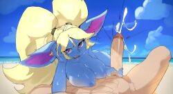 1boy 1girls beach beach_sex blonde_hair blue-skinned_female blue_body blue_skin cum cumshot handjob league_of_legends light-skinned_male light_skin looking_at_viewer male_pov null0patience outside partial_male penis poppy pov riot_games sand twintails yordle