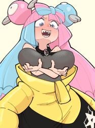 1girls blush breasts covered_nipples gluten000000 holding_breast holding_own_breasts iono_(pokemon) jacket jacket_pull multicolored_hair open_mouth pokemon pokemon_sv solo solo_female solo_focus two_tone_hair