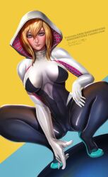 1girls badcompzero big_breasts blonde_hair blue_eyes bodysuit breasts cameltoe female female_only gwen_stacy marvel marvel_comics solo solo_female spider-gwen spider-man_(series) superhero superhero_costume superheroine tight_bodysuit