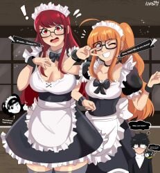 1boy 2girls akira_kurusu atlus breasts dialogue english_text female glasses joker_(persona) karbuitt kasumi_yoshizawa large_breasts light-skinned_female light_skin long_hair maid maid_headdress maid_outfit male morgana_(persona) multiple_girls orange_hair persona persona_5 persona_5_royal red_hair ren_amamiya sakura_futaba sumire_yoshizawa thighs