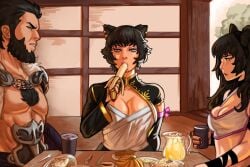 2boys 2girls animal_ears black_hair blake_belladonna breasts cat_ears ear_piercing eyeshadow faunus ghira_belladonna kali_belladonna lipstick makeup mature_female milf mother mother_and_daughter pov rhydwyn rooster_teeth rwby shinrhydwyn tagme yellow_eyes