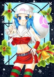 1girls belly beltskirt blue_eyes blue_hair breasts christmas christmas_outfit dawn_(pokemon) female_only gloves hat human midriff navel nintendo pokemon pokemon_dppt red_skirt santa_costume shirt sketch skirt takecha thighhighs