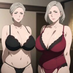 2girls ai_generated big_breasts bra breasts cleavage female_only garter_straps gilf grandmother grey_hair huge_breasts large_breasts lingerie looking_at_viewer mature_female midriff nightie old older_female sweat sweatdrop sweating thick_thighs thighs thong ultrahentaisai