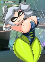 big_ass big_breasts big_thighs blazedscarf breasts cleavage earrings hips inkling inkling_girl large_breasts marie_(splatoon) mole_under_eye sharp_teeth splatoon splatoon_(series) splatoon_2 splatoon_3 thick_ass thick_thighs wide_hips