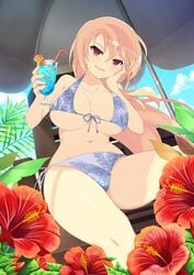 beach big_breasts blonde_hair blue_bikini blush drink female female_only red_eyes senran_kagura senran_kagura_(series) sitting smile souji_(senran_kagura) yaegashi_nan