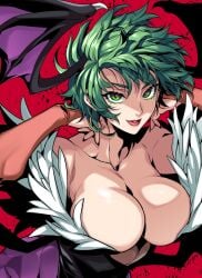 alternate_hairstyle bat_wings big_breasts black_leotard cleavage darkstalkers demon_girl gloves green_eyes green_hair large_breasts lipstick looking_at_viewer morrigan_aensland red_background seductive_smile short_hair succubus takatsuki_ichi