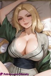 1girl ai_generated arm_up artist_name bath_yukata bed_sheet biting_own_lip blonde_hair blush breasts breasts_bigger_than_head brown_eyes cleavage collarbone facial_mark female female_only forehead from_above green_jacket green_robe grey_kimono grin jacket japanese_clothes kimono large_breasts lips long_hair looking_at_viewer lying mature_female mionety naruto naruto_(series) naruto_shippuuden obi off_shoulder on_back on_bed open_clothes open_kimono parted_bangs parted_lips patreon_logo patreon_username pillow sash short_sleeves smile solo spread_legs teeth tsunade_(naruto) twintails twitter_username upper_body watermark web_address white_kimono yukata