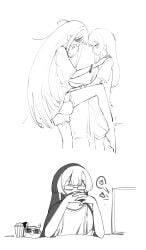 3girls absurdres ahoge bracelet chinese_commentary cho_kaguya-hime! closed_mouth commentary_request expressionless ezbottt female female_only fingering food fushi_(cho_kaguya-hime!) gendou_pose glasses greyscale heart highres jewelry kaguya_(cho_kaguya-hime!) leg_up long_hair monochrome multiple_girls open_mouth own_hands_clasped own_hands_together popcorn pussy_juice runami_yachiyo sakayori_iroha shirt shorts spoken_heart sunglasses sweat voyeurism yuri