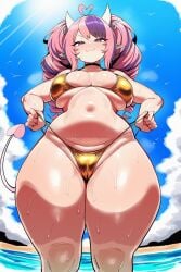 1girls :3 ahoge ai_generated ai_slop beach boobs breasts cherry_gens choker demon_tail eyelashes female female_only golden_bikini golden_clothing golden_week horns ironmouse pink_hair pointed_ears pointy_ears purple_eyes purple_hair tail thick_thighs thighs twintails two-tone_hair vtuber water water_drop wet