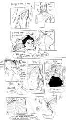 2025 2boys belly belly_button belt black_hair blush blush_lines blushing book cecil_stedman clothed clothing english english_text gay heart_symbol heavy_breathing invincible invincible_(comics) invincible_(superhero) invincible_(tv_series) light-skinned_male light_skin mark_grayson mature mature_male nipples no_visible_genitalia nosebleed older_male_and_younger_male open_eyes open_mouth pants scar shirt shirt_lift shirt_up short_hair simple_background sweat sweatdrop sweating teeth teeth_showing teeth_visible text text_bubble tlqkfekreo viltrumite white_background white_hair