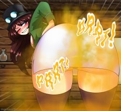 backview bending_forward bent_over blue_eyes brown_hair fart fart_fetish farting female female_only gassy gassy_female green_clothing long_hair skirt steampunker_(terraria) terraria thick_thighs thighhighs thighs white_skin white_skirt