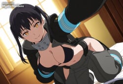 1girl breasts hip_vent black_hair coat swimsuit open_coat black_coat gloves twintails looking_at_viewer bikini solo navel cleavage smile pants grabbing_own_breast baggy_pants open_clothes indoors black_bikini window grey_pants large_breasts curtains yellow_eyes black_gloves long_sleeves patreon_username orange_eyes long_hair on_bed closed_mouth selfie kneeling reaching_towards_viewer medium_breasts artist_name ai_generated anime anime_style hentai hi_res mystic_maidens patreon kotatsu_tamaki tamaki_kotatsu fire_force enen_no_shouboutai en'en_no_shouboutai