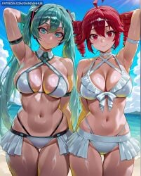 hatsune_miku kasane_teto long_hair breasts looking_at_viewer blush smile multiple_girls large_breasts red_eyes navel 2girls cleavage hair_between_eyes twintails medium_breasts very_long_hair collarbone swimsuit ahoge bikini red_hair cowboy_shot outdoors necktie sky day shiny armpits stomach arm_up aqua_eyes blue_sky shiny_skin aqua_hair skindentation ocean halterneck white_bikini beach drill_hair thigh_gap crossover twin_drills frilled_bikini arm_behind_head alternate_breast_size criss-cross_halter bikini_skirt arm_strap miku_hatsune vocaloid ai_generated dandanhub