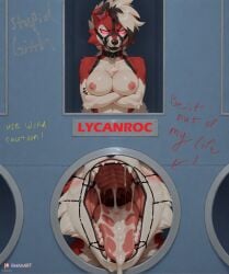 ai_generated anthro crossed_arms cum cum_in_mouth furry gagged glory_hole large_breasts lycanroc lycanroc_midnight muzzle nipples nsfw o_ring_gag reshinart