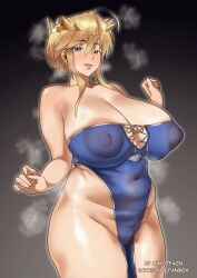 1girls artoria_pendragon artoria_pendragon_(lancer) blonde_hair blush dress fate/grand_order fate_(series) female female_only harstfazn looking_at_viewer nipples nipples_visible_through_clothing venus_body