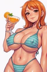 1girl anime_style bare_arms bare_midriff bare_shoulders best_quality big_breasts bikini blue_bikini breast_spillage brown_eyes cel_shading censored cleavage clothing_taut_on_breasts collarbone cowboy_shot curvy deep_cleavage detailed_eyes detailed_face digital_art drink enormous_breasts female female_only flipped_hair front_view fruit gentle_smile gigantic_breasts hand_up heavy_breasts highleg_bikini holding_cup holding_glass horizontal_stripes hourglass_figure huge_breasts lollololli looking_at_viewer masterpiece mature_female micro_bikini mint_leaves nami_(one_piece) navel nipple_outline oily_skin one_piece orange_eyes orange_hair orange_juice orange_slice pale_skin parted_bangs partially_undressed posing pre-timeskip revealing_clothes see-through sheer_clothes shiny_skin short_hair sideboob simple_background skimpy_swimwear smile smirk soft_shading solo specular_highlights standing stomach string_bikini striped_bikini sweat sweaty swimwear teal_bikini thick_thighs thong thong_bikini underboob voluptuous water_drops wet wet_skin white_background white_stripes wide_hips