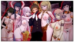 1boy 3d 6girls akamatsu_kaede blonde_hair blue_hair bookie breasts breasts_out brown_hair chain_leash dancer_outfit danganronpa danganronpa:_trigger_happy_havoc danganronpa_(series) danganronpa_2:_goodbye_despair danganronpa_2x2 harem harem_outfit harukawa_maki hinata_hajime inverted_nipples kirigiri_kyouko lavender_hair maizono_sayaka nanami_chiaki nipples pink_hair pink_nipples property property_tattoo pubic_tattoo purple_hair red_eyes slave_leia_(cosplay) star_wars tattoo tsumiki_mikan