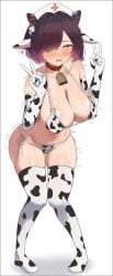 1girl absurdres animal_ears animal_print azur_lane bell bikini blush breasts collar commentary_request cone_hair_bun covered_erect_nipples cow_ears cow_print cow_print_bikini cow_print_gloves cow_print_thighhighs cowbell double_bun double_v fake_animal_ears full_body gloves hair_bun hair_over_one_eye hands_up hat highres jervis_(azur_lane) large_breasts neck_bell nurse_cap olivia0 open_mouth print_bikini print_gloves print_thighhighs purple_eyes purple_hair red_collar short_hair side-tie_bikini_bottom simple_background skindentation solo standing swimsuit thighhighs trembling v white_background