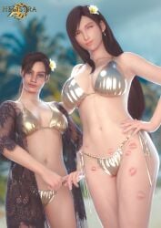 2girls 3d abs beach big_breasts bikini blender blue_eyes brown_hair capcom claire_redfield claire_redfield_(jordan_mcewen) crossover female female_only final_fantasy final_fantasy_vii final_fantasy_vii_remake freckles_on_face golden_week helistra hi_res highres kiss_mark lipstick_mark medium_breasts panties resident_evil resident_evil_2 standing thick_thighs thighs tifa_lockhart