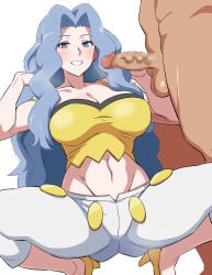 1boy 1girl alternate_breast_size_(larger) blue_hair blush breasts capri_pants censored cleavage clothed_female_nude_male collarbone commentary_request grey_eyes grin highres karen_(pokemon) large_breasts long_hair looking_at_viewer mantan mosaic_censoring nude pants penis pokemon pokemon_heartgold_and_soulsilver shirt shoes single_off_shoulder smile spread_legs squatting teeth testicles tiptoes white_pants yellow_shirt yellow_shoes