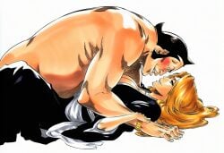 1boy 1girls 2d accurate_art_style accurate_body_type ai_generated big_belly big_breasts big_lips black_hair black_kimono bleach blush boy_on_top breasts cel_shading chain_necklace cleavage clothed clothing collarbone completely_nude completely_nude_male couple duo duo_focus eye_contact face-to-face fat fat_male female hetero high_resolution highres imminent_kiss imminent_sex japanese_clothes jewelry kimono large_breasts light-skinned_female light_skin line_art looking_at_another looking_down_at_another lying lying_on_back male male_on_top manga_style matsumoto_rangiku mature_female mole mole_under_mouth necklace nude_male nude_male_clothed_female official_style on_back on_top oomaeda_marechiyo overweight overweight_male parted_lips pinned profile shihakusho shiny_hair shiny_skin short_hair side_view simple_background smile straight tite_kubo_style traditional_clothes ugly_bastard ugly_man wafuku waifu white_background wristwatch wristwear