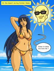 beach beatrice_(blueumbra) big_breasts bikini bikini_bottom bikini_top bikini_week blueumbra cameltoe chad clouds female gold gold_bikini golden_bikini_week golden_week highlights highlights_(coloring) latina latina_female oc ocean pinup pinup_pose sea signature sky smiling solo speech_bubble sun sun_chad_(blueumbra) sunglasses swimsuit swimwear text waves