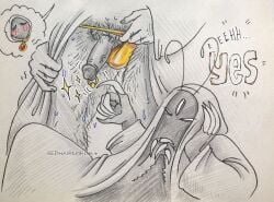 3_eyes 5_fingers antennae_(anatomy) artist_name artist_signature aster_(look_outside) blue_eyes blush blush_lines blushing claws claws_out cricket diamond_(shape) dick_piercing duo gold_piercing golden_bikini golden_week hairy hairy_male look_outside male male/male morton_(look_outside) multi_eye multi_limb orthopterid piercing redhairedfish revealing_penis sweatdrop tagme thong thong_bikini touching_penis watermark