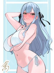1girls angry angry_face arm_between_breasts arm_up armpit_crease artist_request asymmetrical_bangs bang_dream! bang_dream!_it's_mygo!!!!! bikini bikini_bottom bikini_top blue_background blue_hair blush breasts closed_mouth double-parted_bangs female female_focus female_only hair_ribbon hand_behind_head hand_on_chest large_breasts long_hair navel portrait side-tie_bikini_bottom signature simple_background solo solo_female standing sweat sweatdrop thighs togawa_sakiko two_side_up very_high_resolution white_background white_bikini white_bikini_bottom white_bikini_top yellow_eyes