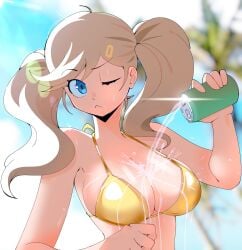 1girl ;< absurdres ann_takamaki bare_shoulders beach bikini blonde_hair blue_eyes blurry blurry_background breasts can cleavage commentary depth_of_field female female_only gjh_1 gold_bikini golden_week hair_ornament hairclip highres holding holding_can large_breasts lens_flare long_hair looking_at_viewer one_eye_closed outdoors persona persona_5 pouring pouring_onto_self satin_bikini shiny_swimsuit solo spilling string_bikini sunlight swimsuit triangle_bikini_top twintails yellow_bikini