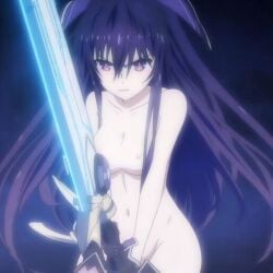 anime_screenshot ass_length_hair collarbone date_a_live female female_only fighting frowning hips medium_breasts nude_edit nude_female nude_filter purple_eyes purple_hair screenshot shoulders stance sword tagme thin_arms thin_waist yatogami_tohka
