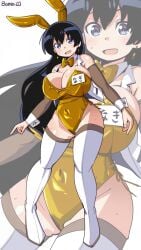arato_nagi bunny_ears bunny_girl bunnysuit curvy female female_only gold_bunnysuit huge_breasts name_tag round_breasts ruri_no_houseki sweaty thick_thighs white_pantyhose wide_hips zoom_layer