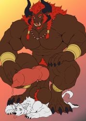 4_toes 5_fingers abs absurd_res aeon_(final_fantasy) animal_genitalia animal_penis anklet anthro ball ball_tuft balls balls_on_back biceps big_balls big_hands big_muscles big_penis biped blep blue_eyes bodily_fluids bracelet braided_hair brown_body brown_fur canid canine canine_genitalia canine_penis claws demon digitigrade dominant duo ear_piercing ear_ring erection eyebrows fangs feet final_fantasy fingers front_view fur genital_fluids genitals gold_(metal) gold_anklet gold_bracelet gold_jewelry hair hi_res horn huge_balls huge_muscles huge_penis ifrit_(final_fantasy) jewelry knot larger_dom long_hair looking_at_viewer lying lying_on_ground male male/male mammal mane muscular muscular_anthro muscular_male nipples nude on_front on_ground open_mouth orange_eyes pawpads paws pecs pendant penis piercing pinned pinned_to_ground pose precum red_hair red_mane ring_piercing saggy_balls sheath simple_background size_difference smile square_enix standing_on_another stomping tail teeth toes tongue tongue_out tuft white_body white_fur xyandrith