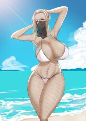 1girls armpits beach blonde_hair body_markings breasts_bigger_than_head code_vein code_vein_2 commission commissioner_upload curvy_figure female female_only huge_breasts lavinia_voda looking_at_viewer pale_skin red_eyes sexy_pose sirramen skimpy_bikini smile stretching taller_female tattoos thighs veil very_tall_female white_bikini wide_hips
