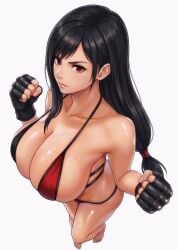 1girl anime_style bare_arms bare_legs bare_midriff bare_shoulders barefoot best_quality bikini black_gloves black_hair black_trim breast_spillage cel_shading censored cleavage clenched_fists collarbone confident curvy deep_cleavage detailed_eyes detailed_face digital_art feet female female_only fighting_stance final_fantasy final_fantasy_vii fingerless_gloves fists foreshortening from_above gigantic_breasts gloves hair_tie heavy_breasts high_angle hourglass_figure huge_breasts lollololli long_hair looking_at_viewer looking_up martial_arts_gloves masterpiece mature_female metal_knuckles micro_bikini navel oily_skin pale_skin partially_undressed posing red_bikini red_eyes revealing_clothes serious shiny_skin sideboob simple_background skimpy_swimwear slingshot_swimsuit soft_shading solo specular_highlights standing stomach street_fighter_6 string_bikini sweaty swimwear thick_thighs tifa_lockhart toes underboob voluptuous white_background wide_hips