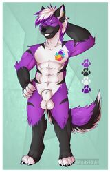 4_fingers animal_genitalia anthro big_tail canine clothed clothing ear_piercing eyeless fangs fur furry grin hair happy highlights lineup male_only mammal muscular nude piercing purple_fur purple_highlights rainbow_tattoo sheath smile strive tall tattoo topless tsume_yifu white_hair wolf