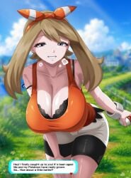 1girls 2026 big_breasts blue_eyes blurry_background brown_hair cleavage dialogue english_text eyelashes female female_only fenrox grin grinning_at_viewer hair_ribbon hi_res looking_at_viewer may_(pokemon) narrowed_eyes nintendo pokeball pokemon pokemon_rgby smiling smiling_at_viewer solo sweat talking_to_viewer text_box