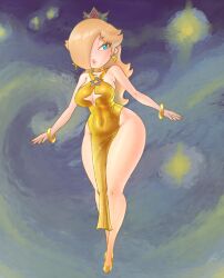 1girls big_ass big_breasts blonde blonde_female blonde_hair blue_eyes boobs breasts crown double_slit_dress dress earrings female female_focus female_only gold_clothing gold_dress gold_earrings gold_heels heels high_slit_dress jewelry lickagoat light-skinned_female light_skin mario_(series) nintendo no_bra no_panties princess_rosalina silver_crown solo star_earrings starry_night_dress_(sarukaiwolf) super_mario_galaxy thick_thighs thighs yellow_clothing