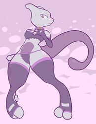 1girls 2_toes blush bra breasts cat_cutout cleavage feet feline female female_only furry legendary_pokemon mewtwo panties pashoo pokemon pokemon_(species) pokemon_rgby purple_eyes purple_fur sweat tail thick_thighs thighhighs