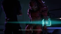 2018 3d alien bara big_penis clothed clothing commander_shepard detailed_background dialogue duo english_text gay hi_res human krogan lens_flare male male/male male_only maleshep mammal mass_effect nude penis rooking source_filmmaker standing text urdnot_wrex video_games yaoi