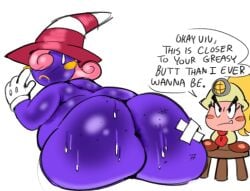 angry anthro armor bandage big_butt blonde_hair bodily_fluids bow_tie butt clothing covered_eyes feet female female_only furniture ghost gloves goomba goombella hair handwear hat headgear headwear helmet huge_butt mario_(series) nintendo overweight overweight_female paper_mario paper_mario:_the_thousand-year_door pink_body pink_hair ponytail purple_body reilulousbadulon shadow_siren speech_bubble spirit stool sweat sweaty_butt tusks vivian_(mario) witch_hat