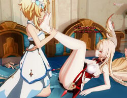 2girls 3d alice_(genshin_impact) ass bare_ass bare_legs barefoot bed blender blonde_hair butt dress elf elf_ears english_text feet feet_up female female_only foot_fetish foot_lick foot_worship genshin_impact hair_ornament hi_res hoyoverse indoors legs_up licking long_hair looking_at_another lumine_(genshin_impact) lying lying_on_back mihoyo milf mommy_dom on_knees red_eyes smile text toes yuri yuzuri7