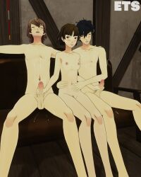 1girl2boys 2boys 2boys1girl black_hair blushing brown_eyes brown_hair couch cum cum_on_chest cum_on_couch cum_on_penis cumshot eulathighstraps eyes_closed goro_akechi makoto_niijima mouth_open persona persona_5 ren_amamiya satisfied_look smiling threesome
