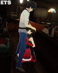 eulathighstraps persona_5 persona ren_amamiya makoto_niijima straight_sex clothed_sex 1boy1girl 1girl1boy red_hairband brown_hair brown_eyes black_hair glasses sucking_penis sucking_dick sucking_cock behind_counter cum cum_in_mouth hands_on_head